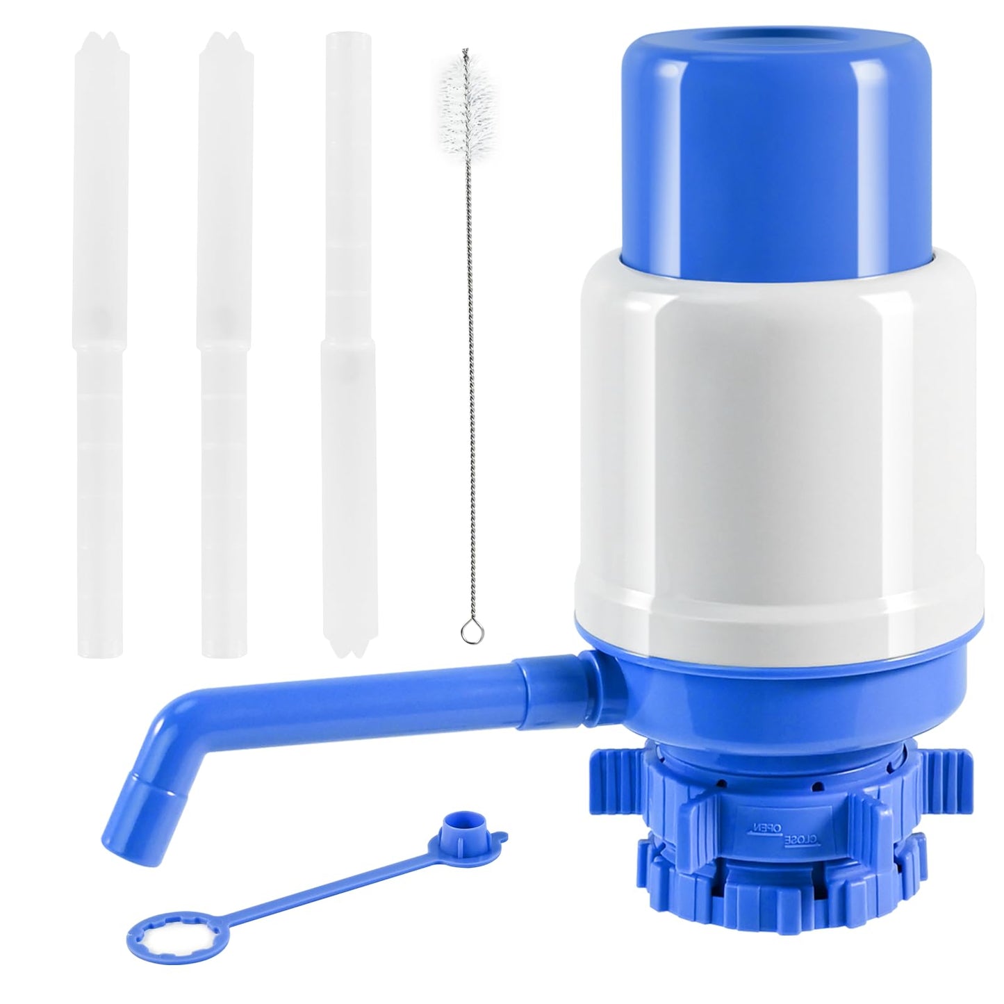 Manual Water Dispenser for 5 Gallon Bottle - Hand Press 5 Gallon Water Dispenser, Secure Fit on Crown Top Jugs - Adjustable Tube Length, Protective Spout Cap, Cleaning Brush, BPA-Free Food Grade