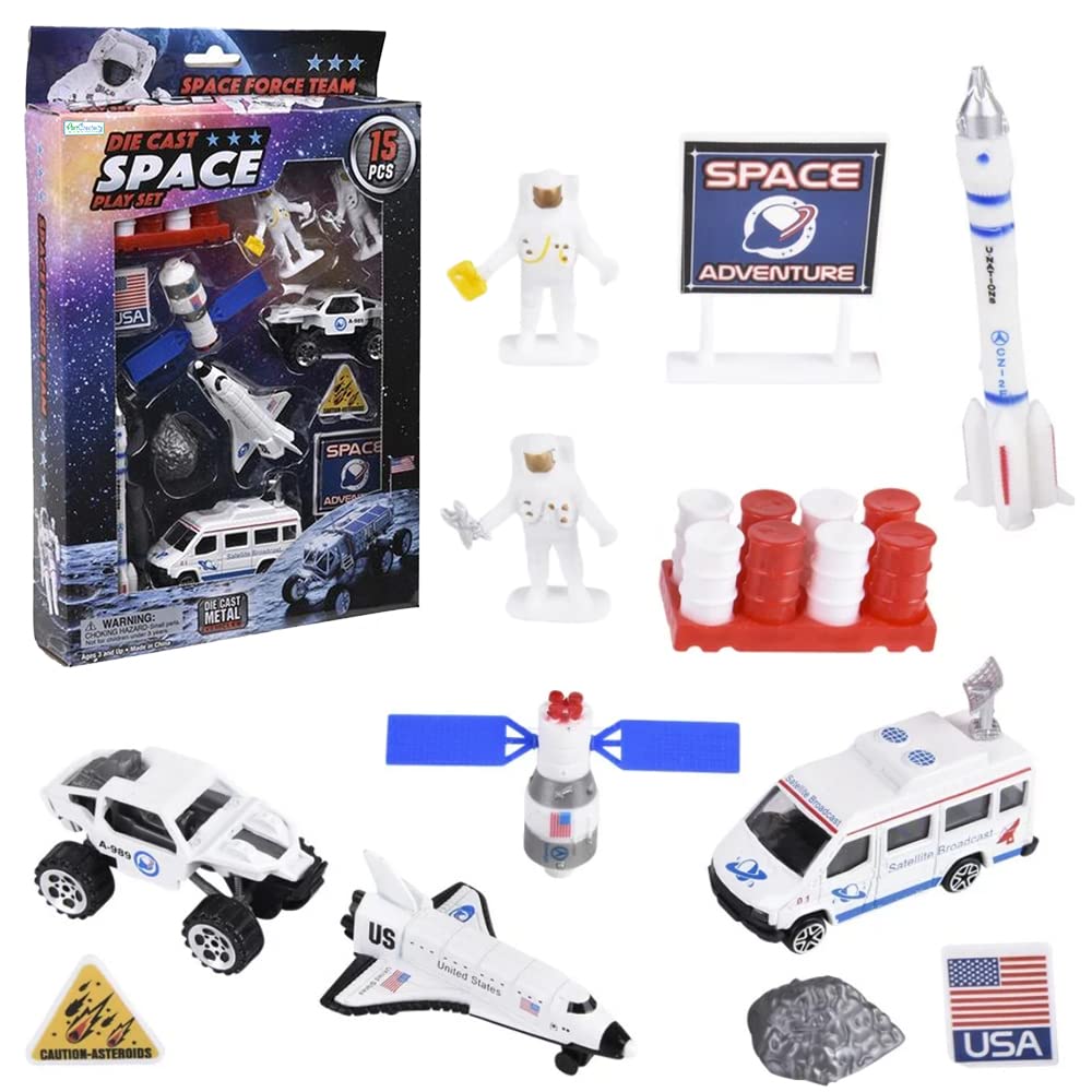 15 Piece Diecast Space Play Set Space Toys for Kids with Rocket Shut