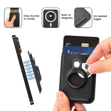 RFID Blocking Snap-On MagSafe Magnetic Card Wallet Holder Organizer With Built-In AirTag Pocket (Black)
