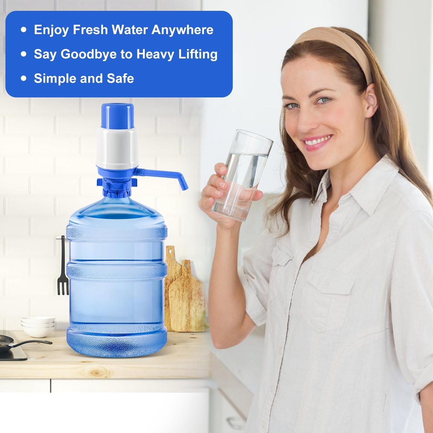 Manual Water Dispenser for 5 Gallon Bottle - Hand Press 5 Gallon Water Dispenser, Secure Fit on Crown Top Jugs - Adjustable Tube Length, Protective Spout Cap, Cleaning Brush, BPA-Free Food Grade