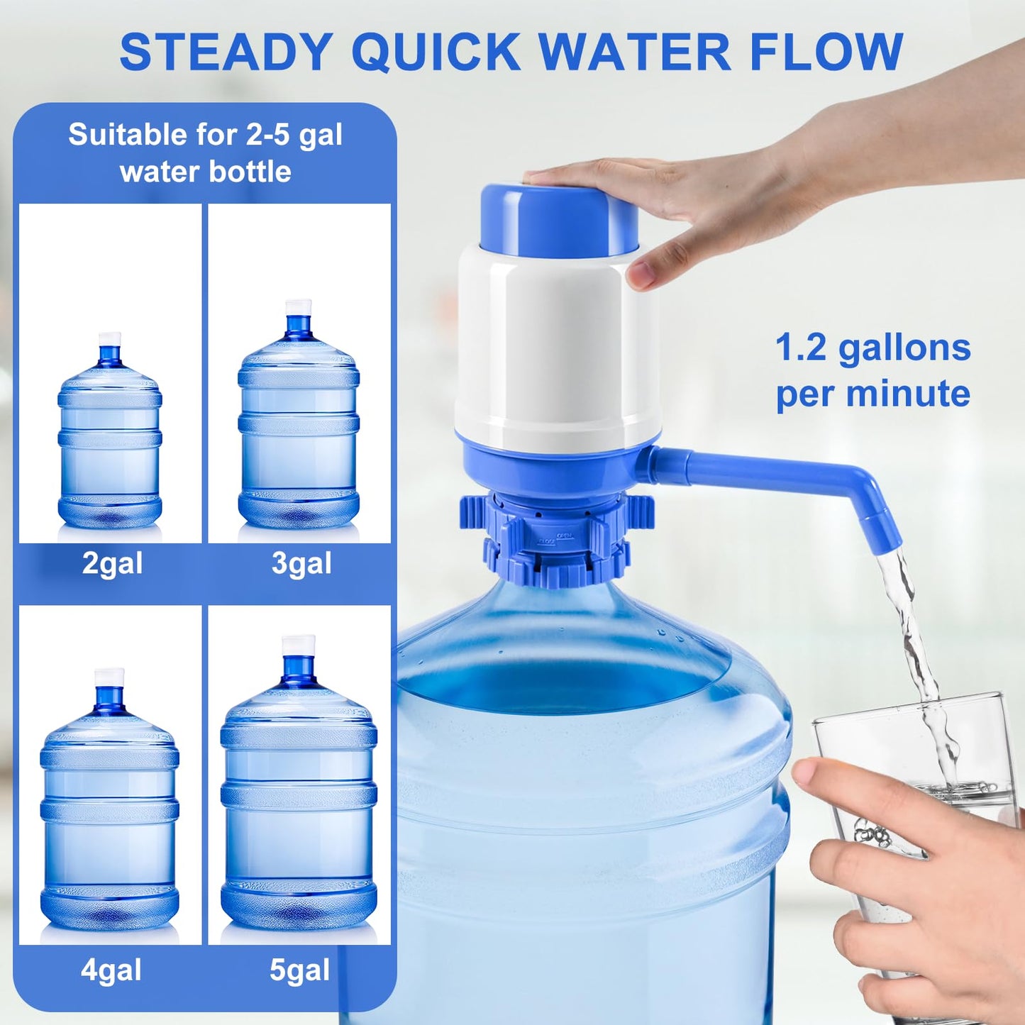Manual Water Dispenser for 5 Gallon Bottle - Hand Press 5 Gallon Water Dispenser, Secure Fit on Crown Top Jugs - Adjustable Tube Length, Protective Spout Cap, Cleaning Brush, BPA-Free Food Grade