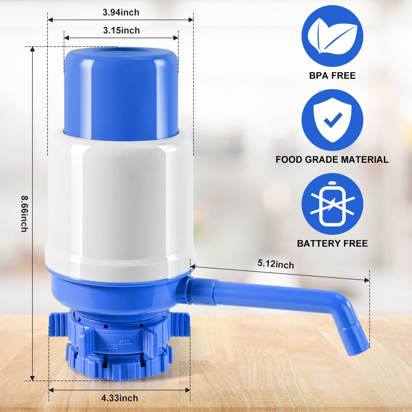 Manual Water Dispenser for 5 Gallon Bottle - Hand Press 5 Gallon Water Dispenser, Secure Fit on Crown Top Jugs - Adjustable Tube Length, Protective Spout Cap, Cleaning Brush, BPA-Free Food Grade