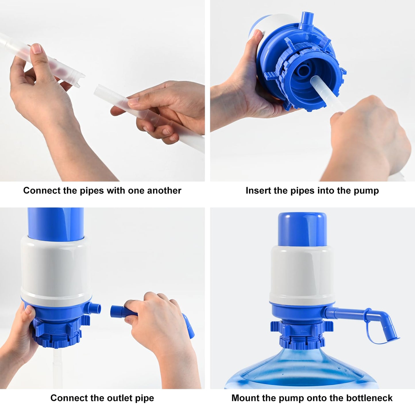 Manual Water Dispenser for 5 Gallon Bottle - Hand Press 5 Gallon Water Dispenser, Secure Fit on Crown Top Jugs - Adjustable Tube Length, Protective Spout Cap, Cleaning Brush, BPA-Free Food Grade