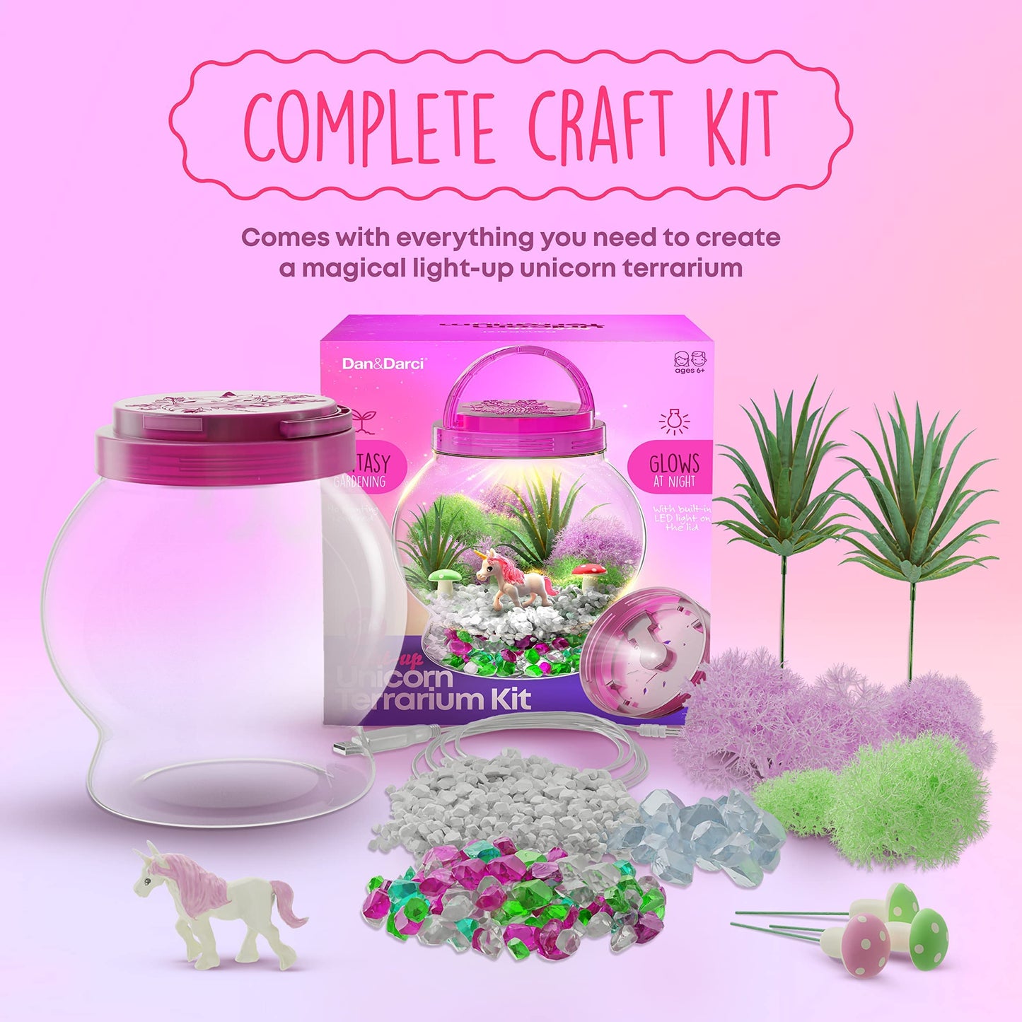 Dan&Darci Light-Up Unicorn Terrarium Kit for Kids - Kid Birthday Easter Gifts - Best Unicorn Toys & Activities Kits Presents - Arts & Crafts for Little Girls & Boys Age 4 5 6 7 8-12 Year Old Girl Gift