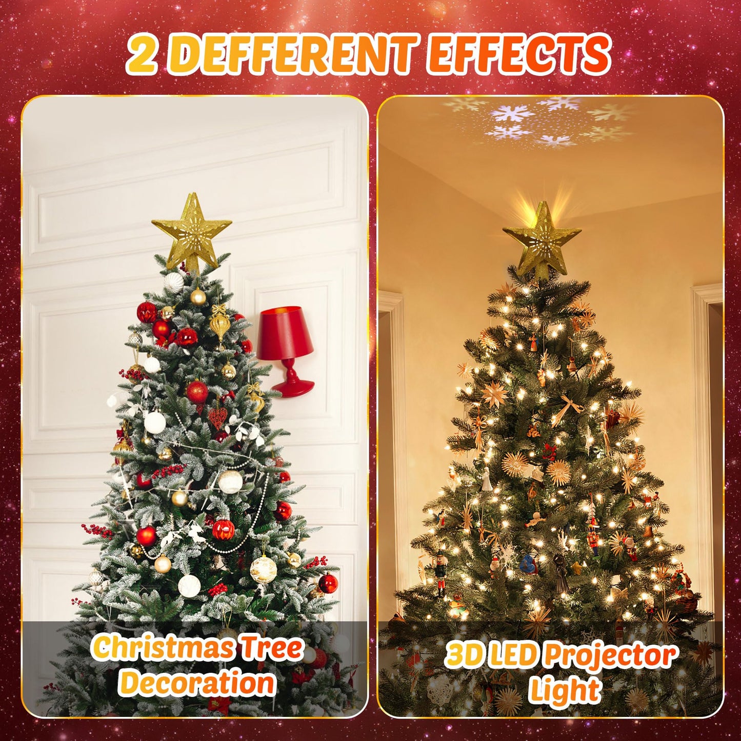 Presence 10'' Christmas Tree Topper Projector, LED Star Tree Topper Lighted, 3D Projector with Rotating White Snowflake, Glitter Gold Star Tree Topper Christmas Tree Decoration Home Decor Xmas Gift