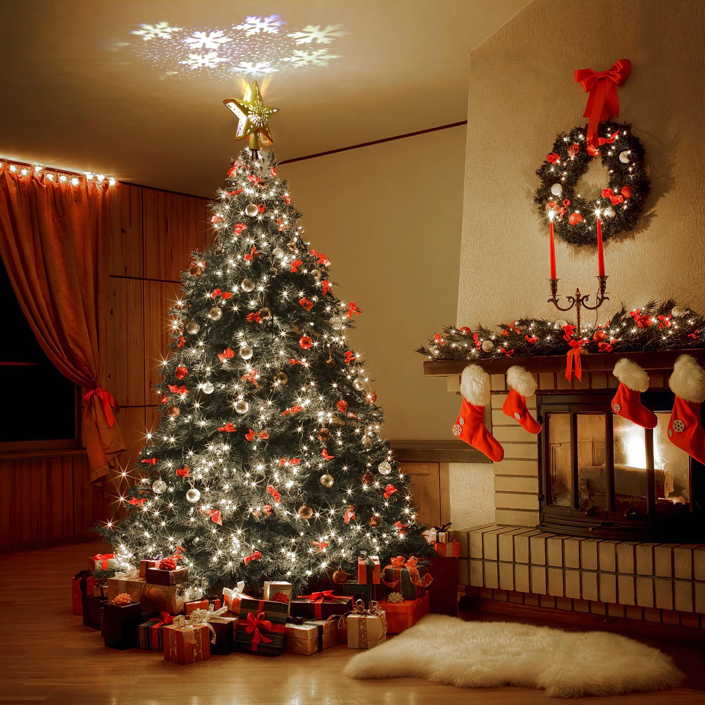 Presence 10'' Christmas Tree Topper Projector, LED Star Tree Topper Lighted, 3D Projector with Rotating White Snowflake, Glitter Gold Star Tree Topper Christmas Tree Decoration Home Decor Xmas Gift