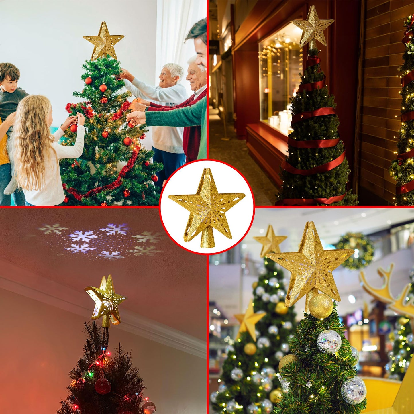 Presence 10'' Christmas Tree Topper Projector, LED Star Tree Topper Lighted, 3D Projector with Rotating White Snowflake, Glitter Gold Star Tree Topper Christmas Tree Decoration Home Decor Xmas Gift