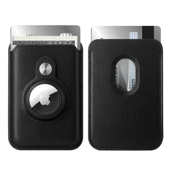 RFID Blocking Snap-On MagSafe Magnetic Card Wallet Holder Organizer With Built-In AirTag Pocket (Black)