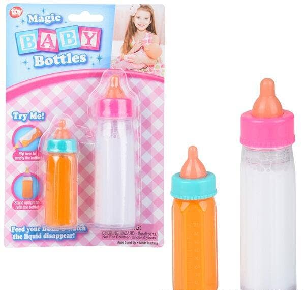 Magic Baby Bottles Set of 2 – Disappearing Milk & Juice Pretend Play Doll Feeding Bottles, Interactive Baby Doll Accessories for Kids Ages 3+