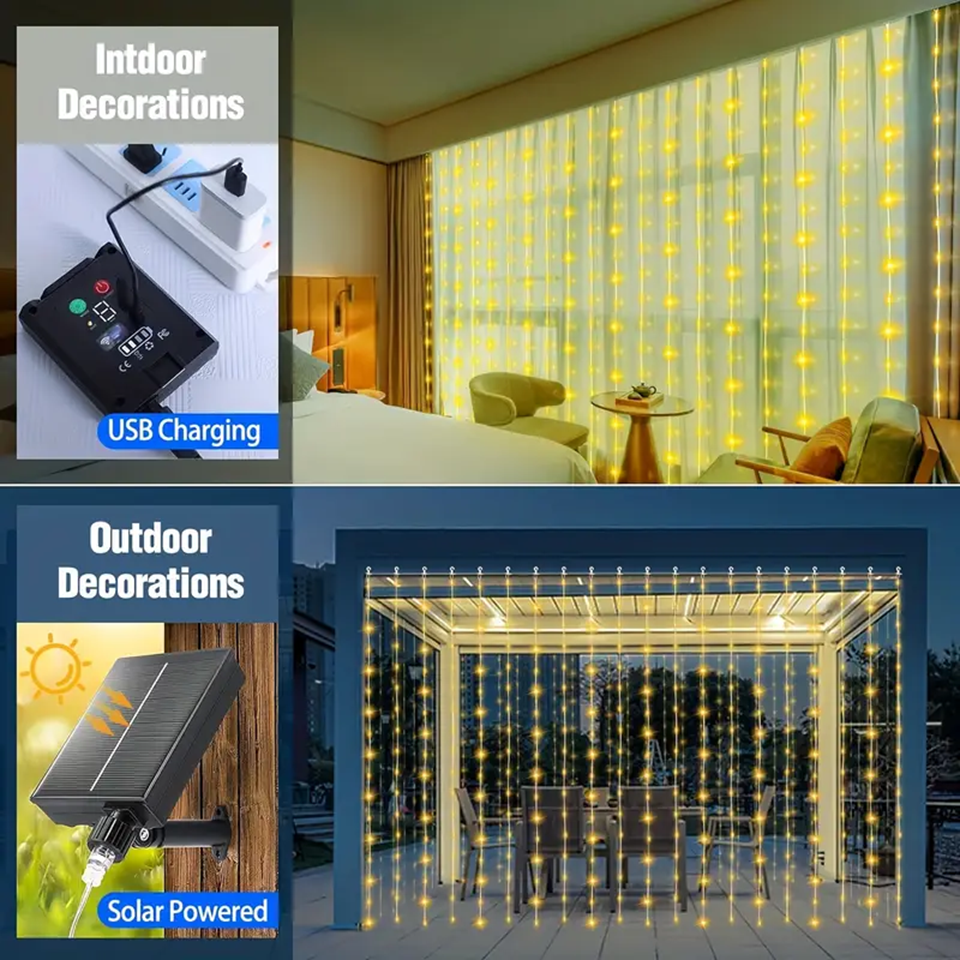 Solar Curtain Lights 600 LED Waterfall String Lights 8 Modes Remote Type C Charging Hanging Twinkle Fairy Lights for Christmas Gazebo Party Wedding