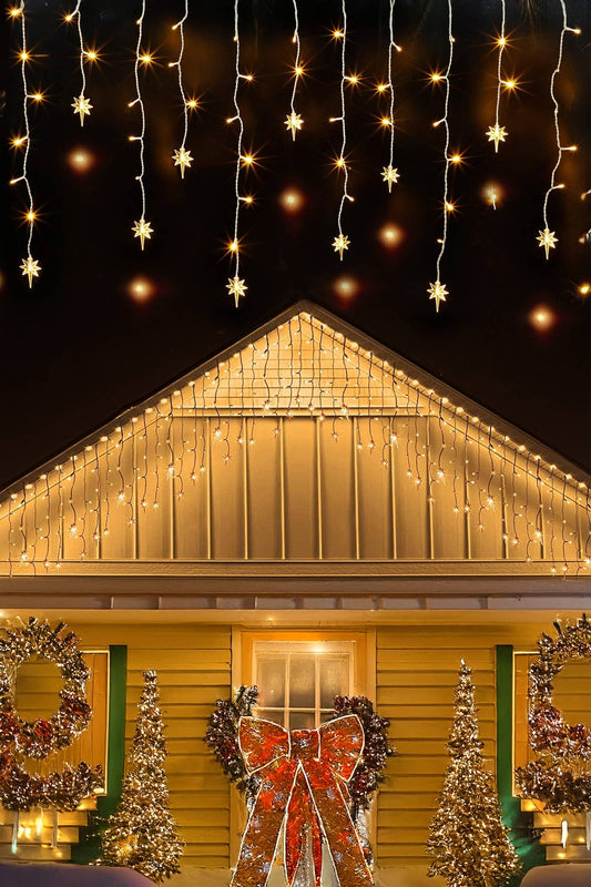 150 LED Icicle Snowflake String Lights – Warm White, 13.1 FT, 30 Drops, 8 Lighting Modes, Indoor/Outdoor Christmas Decorations