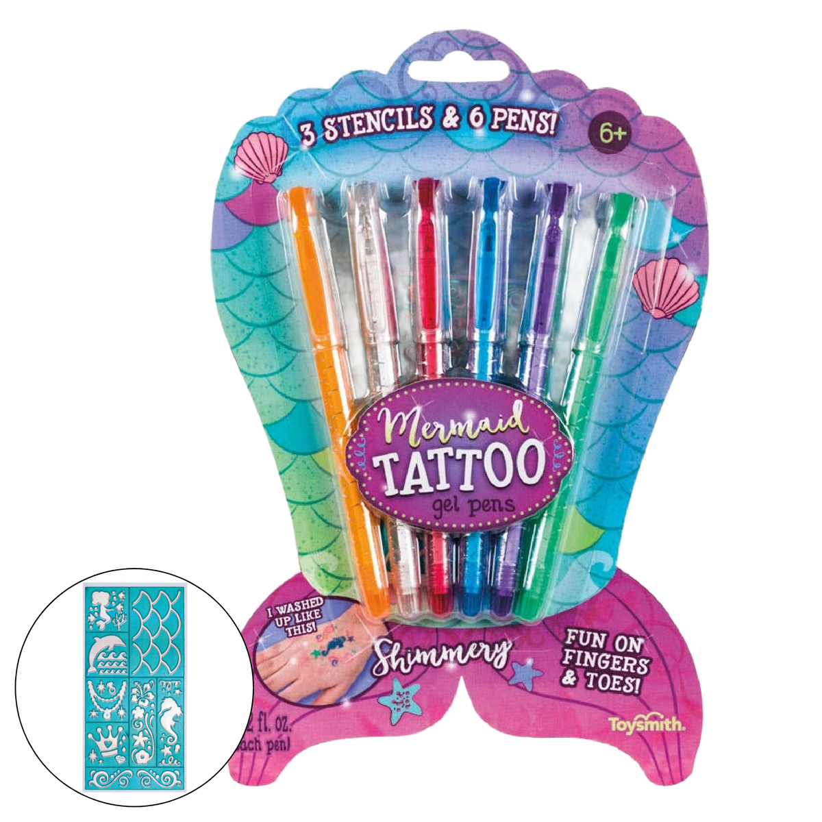 Mermaid Tattoo Gel Pens Kit – 6 Shimmery Colors with Stencils