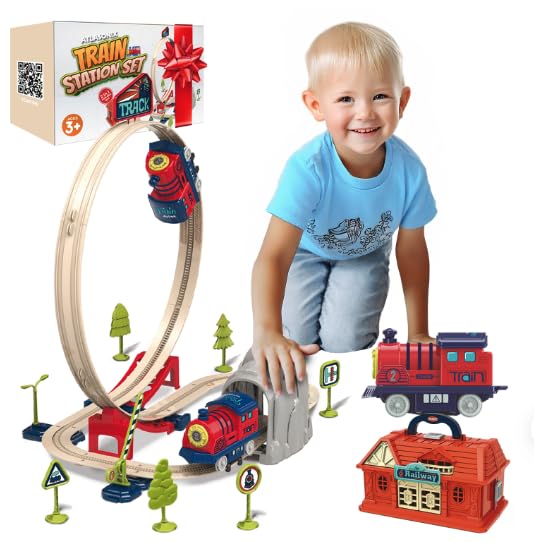 Train Toys for Toddlers 3-5 - Railway Station with Loop, Bridge & Signs - Montessori Educational Fun Trains Toy for Boys Girls Birthday Gift Train Set for Toddlers 2-4