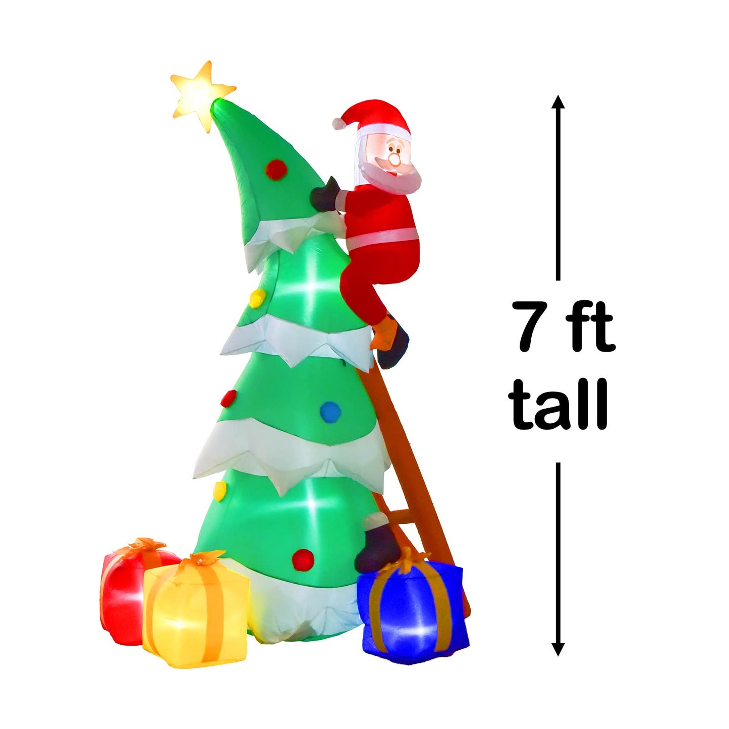 7-Ft One-Shoe Christmas Inflatable Santa Climbing on Ladder with Christmas Tree Inflatable, Built-in LED Lights - Christmas Blowups, Inflatable Decorations Outdoor, Christmas Decorations