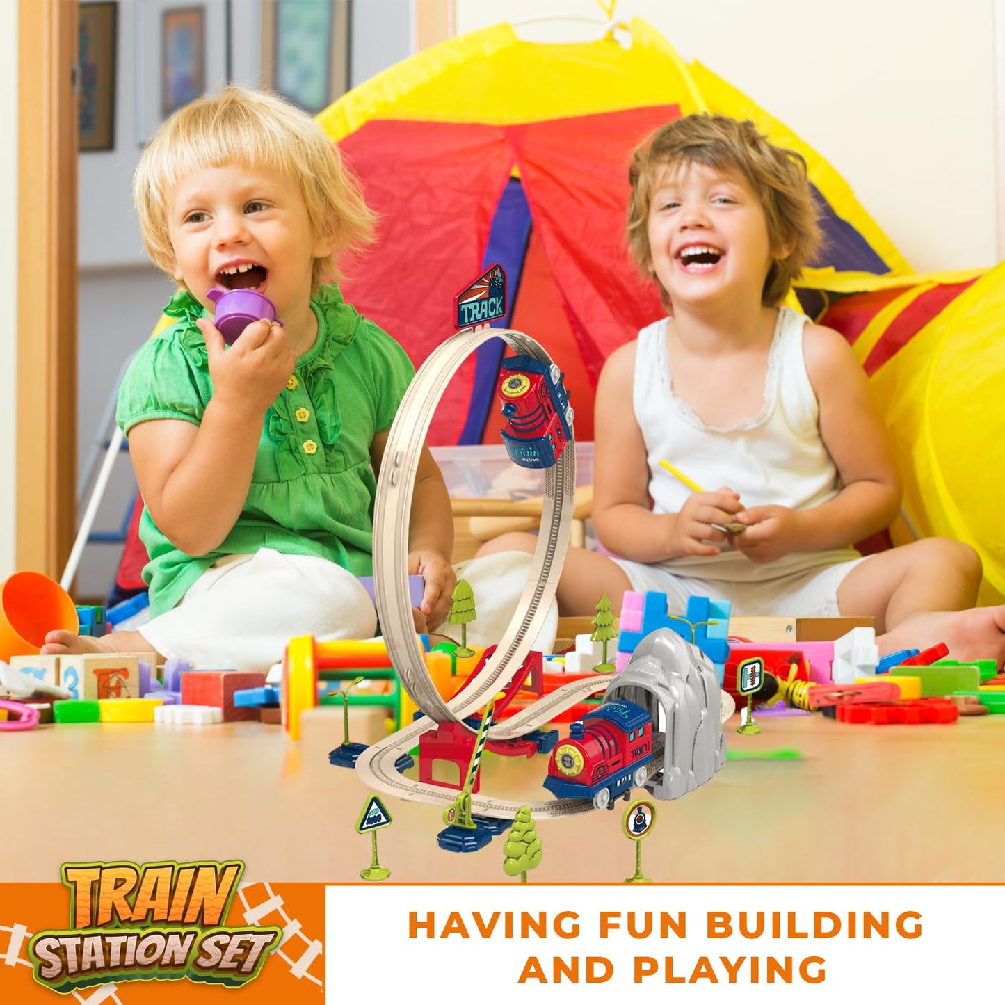 Train Toys for Toddlers 3-5 - Railway Station with Loop, Bridge & Signs - Montessori Educational Fun Trains Toy for Boys Girls Birthday Gift Train Set for Toddlers 2-4