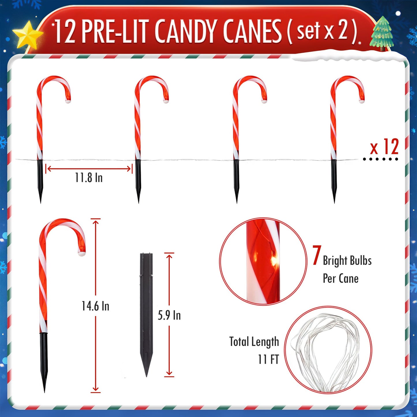 24PCS Candy Cane Lights, 10" Christmas Stake Light with LEDs, 8 Light Modes & Auto ON/Off & Memory Function, Waterproof Lights for Yard Lawn Garden