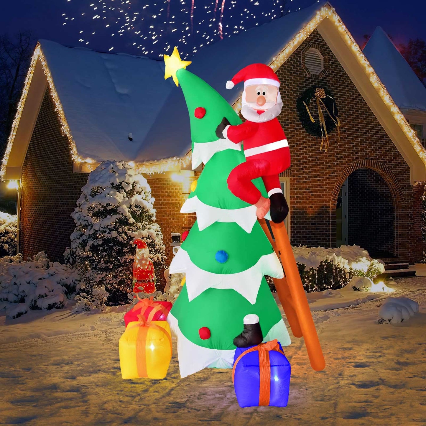 7-Ft One-Shoe Christmas Inflatable Santa Climbing on Ladder with Christmas Tree Inflatable, Built-in LED Lights - Christmas Blowups, Inflatable Decorations Outdoor, Christmas Decorations