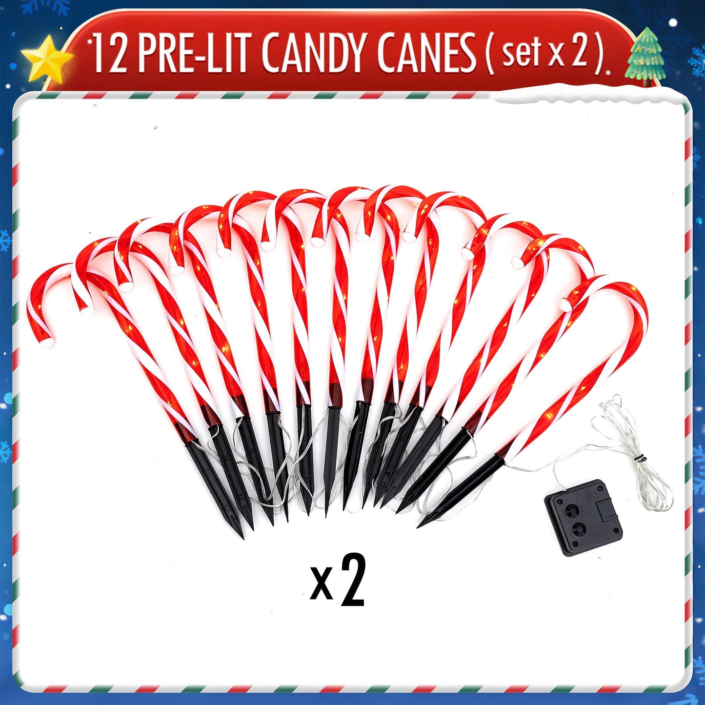 24PCS Candy Cane Lights, 10" Christmas Stake Light with LEDs, 8 Light Modes & Auto ON/Off & Memory Function, Waterproof Lights for Yard Lawn Garden