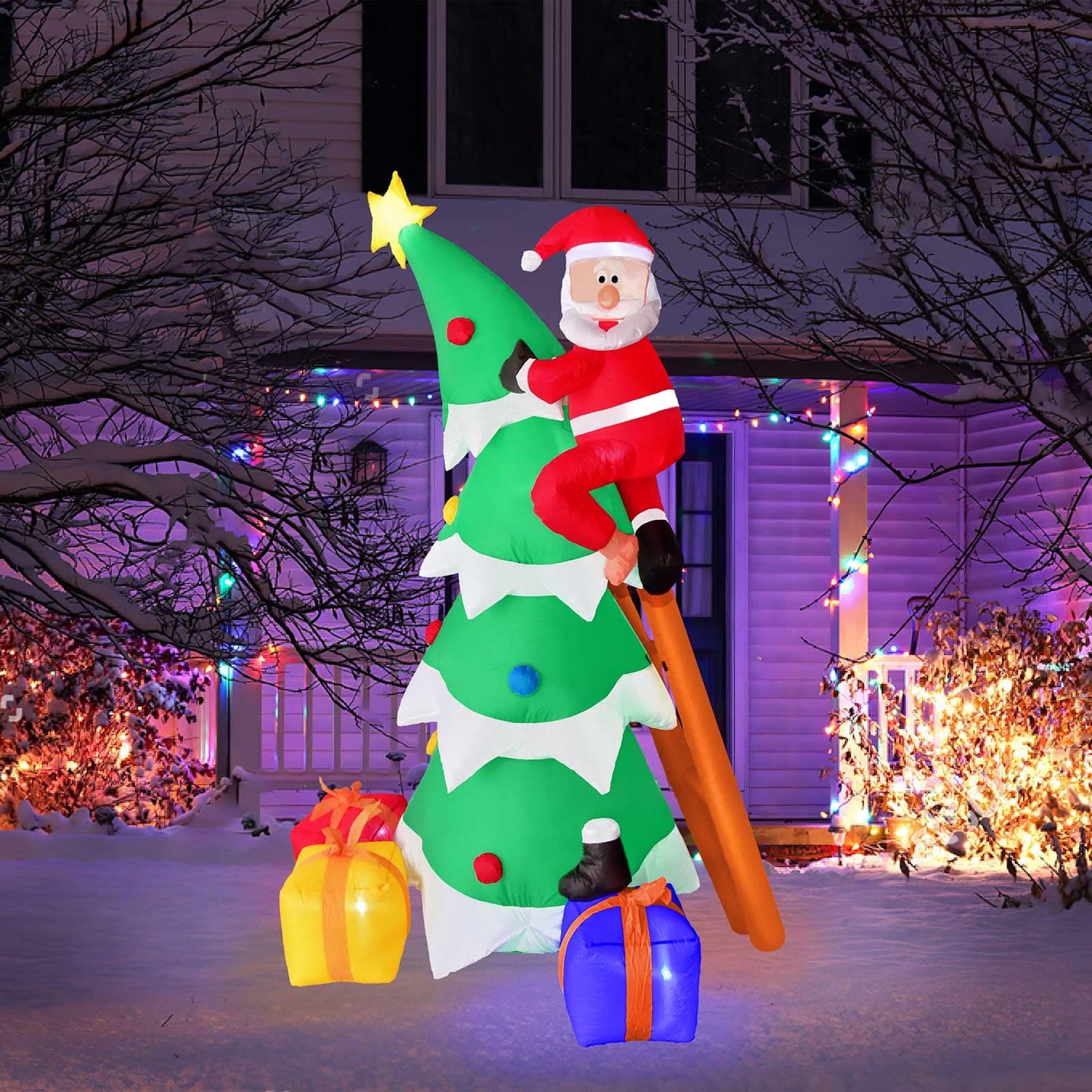 7-Ft One-Shoe Christmas Inflatable Santa Climbing on Ladder with Christmas Tree Inflatable, Built-in LED Lights - Christmas Blowups, Inflatable Decorations Outdoor, Christmas Decorations