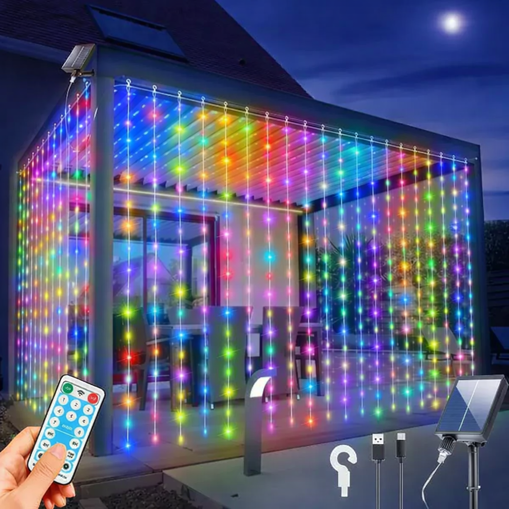 Solar Curtain Lights 600 LED Waterfall String Lights 8 Modes Remote Type C Charging Hanging Twinkle Fairy Lights for Christmas Gazebo Party Wedding