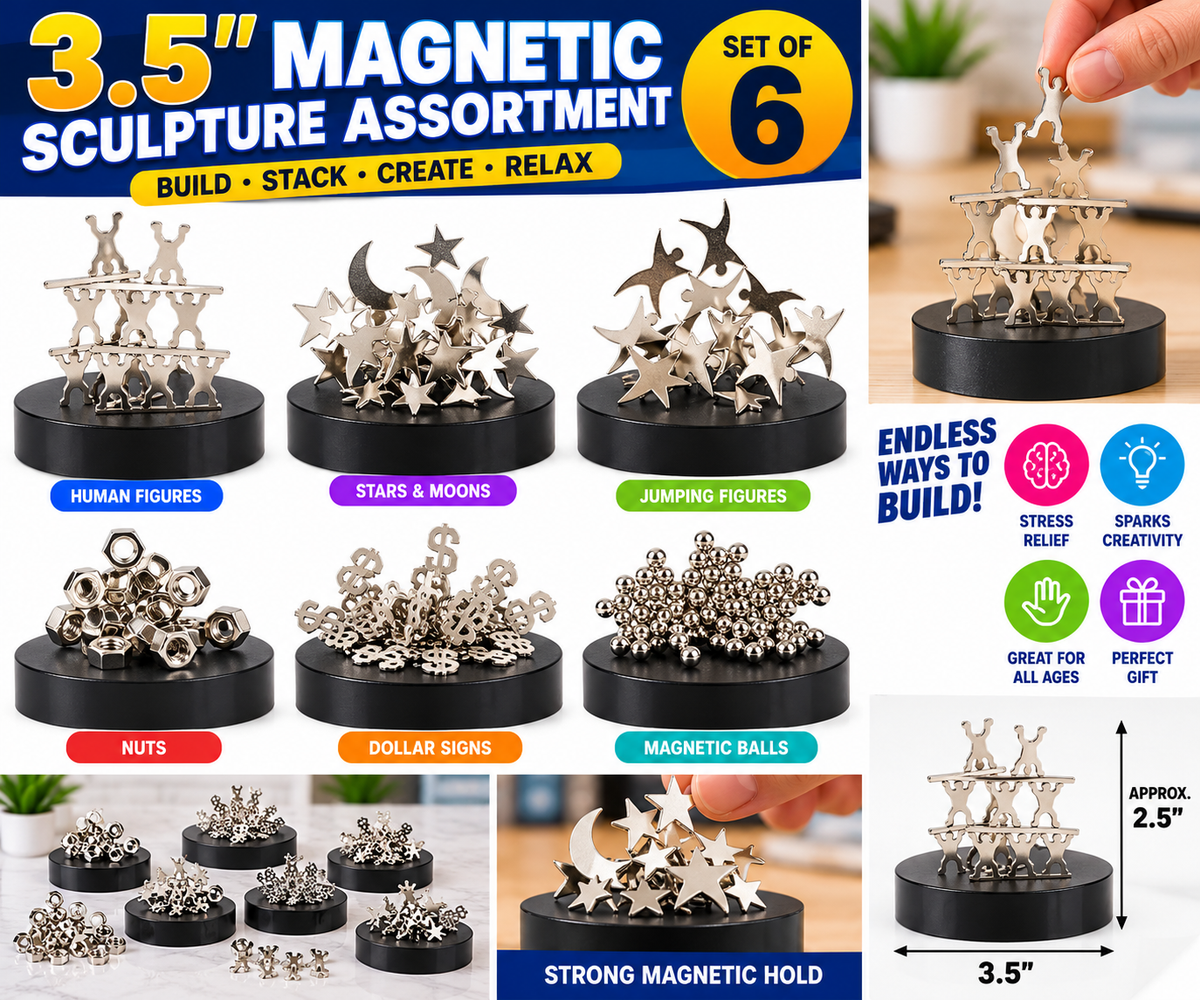 3.5" Magnetic Sculpture Desk Toy – Set of 6 Assorted Designs, Magnetic Building Art, Creative Desktop Fidget Toys