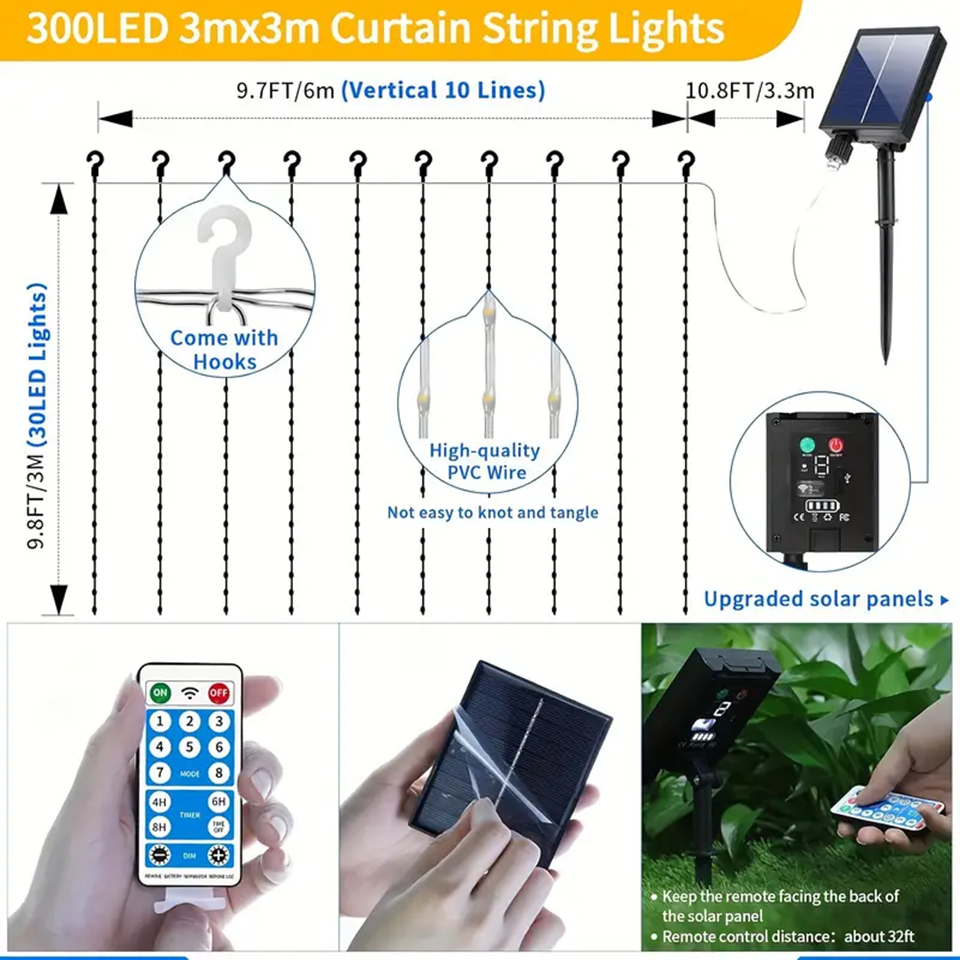 Solar Curtain Lights 600 LED Waterfall String Lights 8 Modes Remote Type C Charging Hanging Twinkle Fairy Lights for Christmas Gazebo Party Wedding