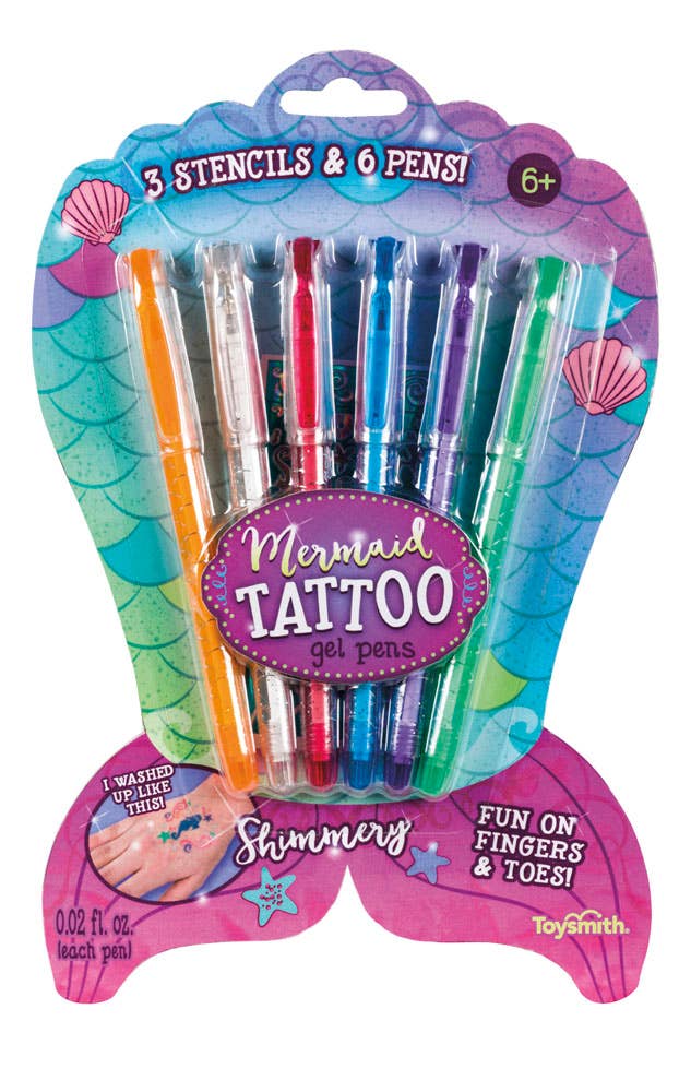 Mermaid Tattoo Gel Pens Kit – 6 Shimmery Colors with Stencils
