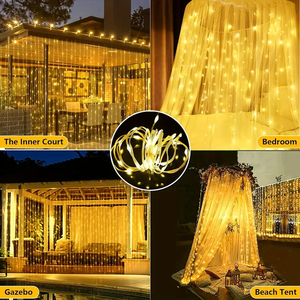 Solar Curtain Lights 600 LED Waterfall String Lights 8 Modes Remote Type C Charging Hanging Twinkle Fairy Lights for Christmas Gazebo Party Wedding