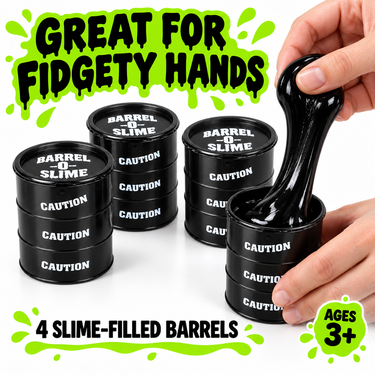 Barrel of Slime Set of 4 – Black Slime in Barrel-Shaped Containers, Fidget Toy, Ages 3+
