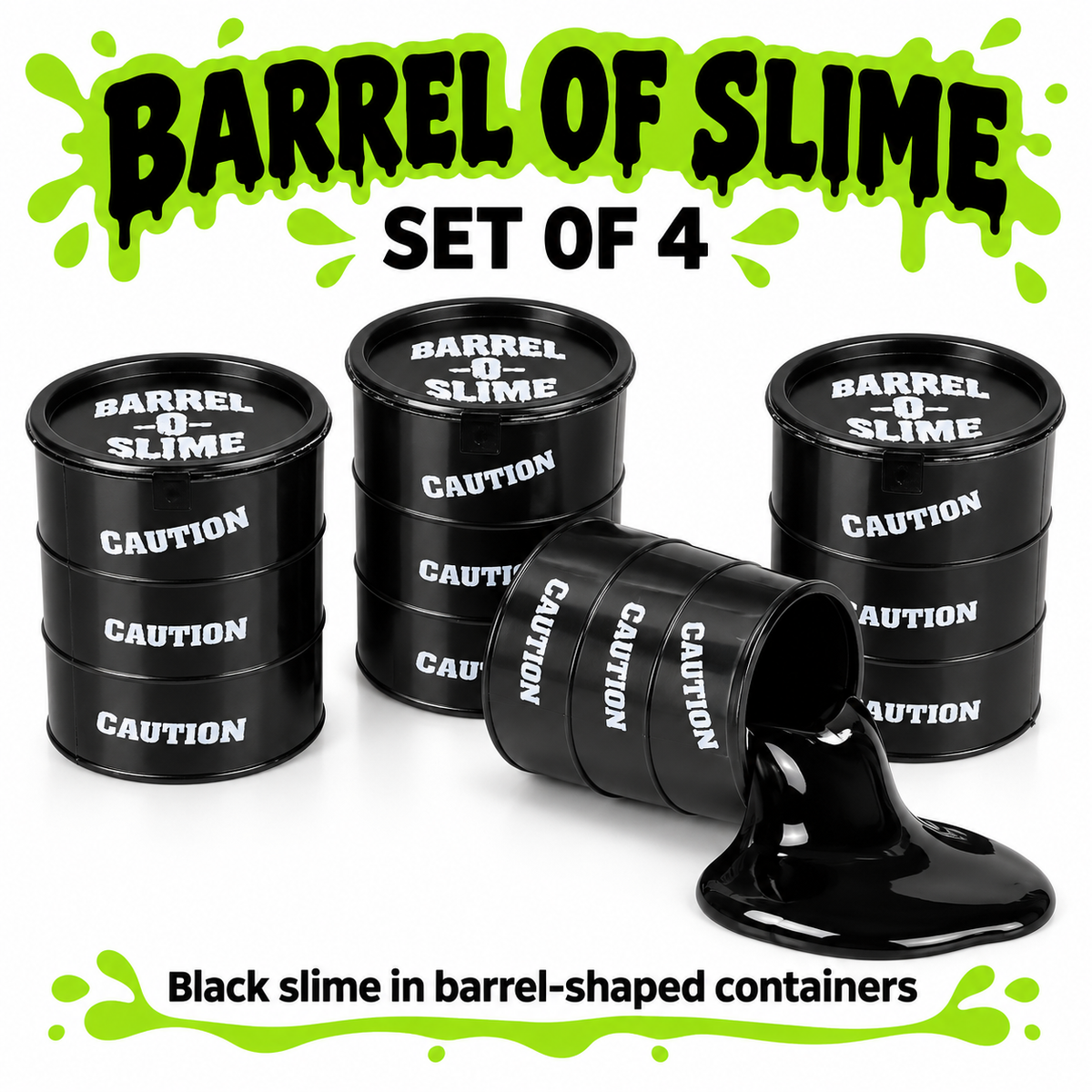 Barrel of Slime Set of 4 – Black Slime in Barrel-Shaped Containers, Fidget Toy, Ages 3+